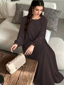 1pc Women's Daily Commute Versatile Abaya Dress With Drawstring Cuffs And Beaded Design, Suitable For Daily Outings And Friends Gatherings - Multicolor - View 27
