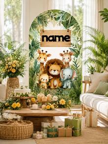Customizable Multi-Size Jungle Animal Square Birthday Backdrop Arch Stand, Personalized Name And Text, Fresh Green Leaf Cartoon Animal Pattern, Suitable For Baby Boy First Birthday Party, Little Boy Theme Birthday Party Decoration, Floor-Standing Arch Stand Easy To Install, Can Be Used In Home Yard, Hotel Indoor Scenes, Soft Visuals For Great Photos, Creating A Cute And Healing Jungle Theme Birthday Atmosphere - Multicolor - View 6