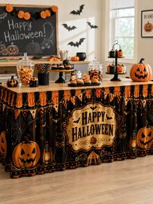 1件黑色桌布，印有Happy Halloween標誌、橘色三角旗與南瓜圖案，秋季派對聚酯纖維荷葉邊桌布，餐廳家庭節日裝飾 - 彩色 - 查看 2
