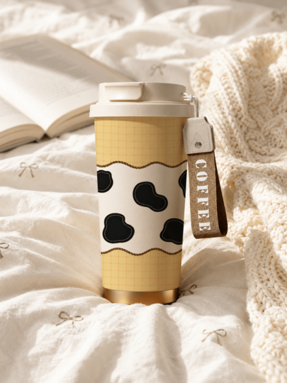 1 pieza Taza de café aislada de 530ml/18oz con patrón de vaca occidental, con tapa y correa para la muñeca, taza de viaje de acero inoxidable, vaso aislante reutilizable para bebidas calientes y frías, adecuado para oficina, coche, transporte, camping, regalo para mujeres