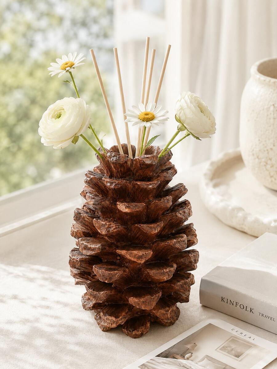 1 buah Vas Resin Kerucut Pinus Gaya Cottagecore, Vas Bunga & Diffuser Reed 2-in-1, Wadah Dekorasi Tekstur Cokelat Vintage untuk Kamar Tidur, Kamar Mandi, Ruang Tamu, Dekorasi Rumah, Hadiah - Botol diffuser berbentuk kerucut pinus - View 1