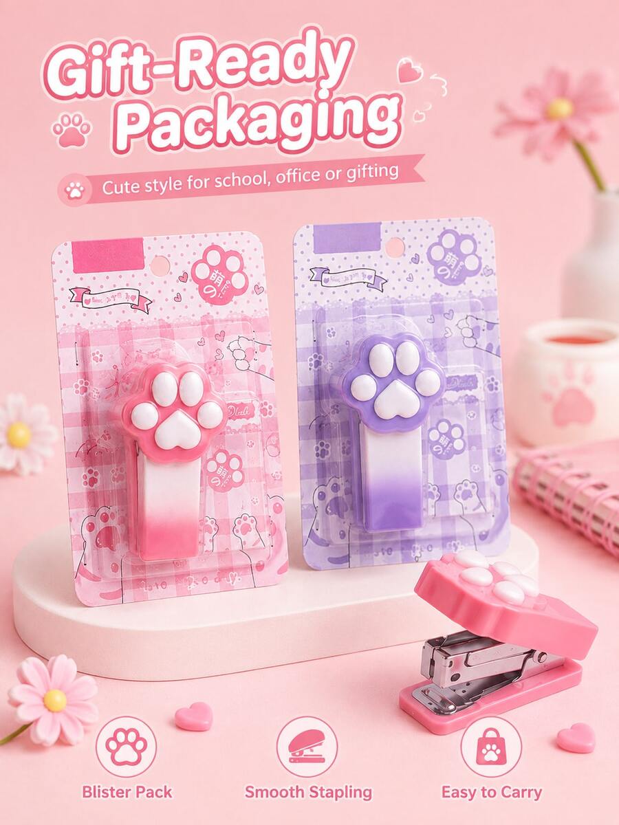 1pc Cute Cat Paw Mini Stapler, Gradient Color Portable Small Stapling Machine, Kawaii Desktop Stationery Tool For Students Office Supplies - Multiple Styles - View 1
