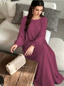 1pc Women's Daily Commute Versatile Abaya Dress With Drawstring Cuffs And Beaded Design, Suitable For Daily Outings And Friends Gatherings - Multicolor - View 33