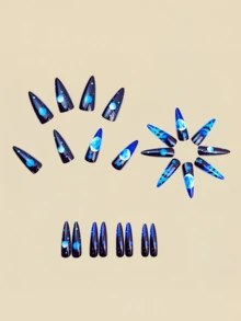 24pcs Halloween Nail Stickers, Polka Dot Bat & Moon Pattern Nail Art, Long Almond Shape Minimalist Fashion Nail Art, Wearable Nail Accessories, Fake Nails, Y2K Nail Style, Halloween Essential Nail Art, Blue Nail Color - Royal Blue - View 3