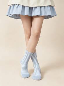 1/6 Pairs Fresh Macaron Color Thin Striped Minimalist Contrast Color Versatile Comfortable Mid-Calf Socks - Multicolor - View 13