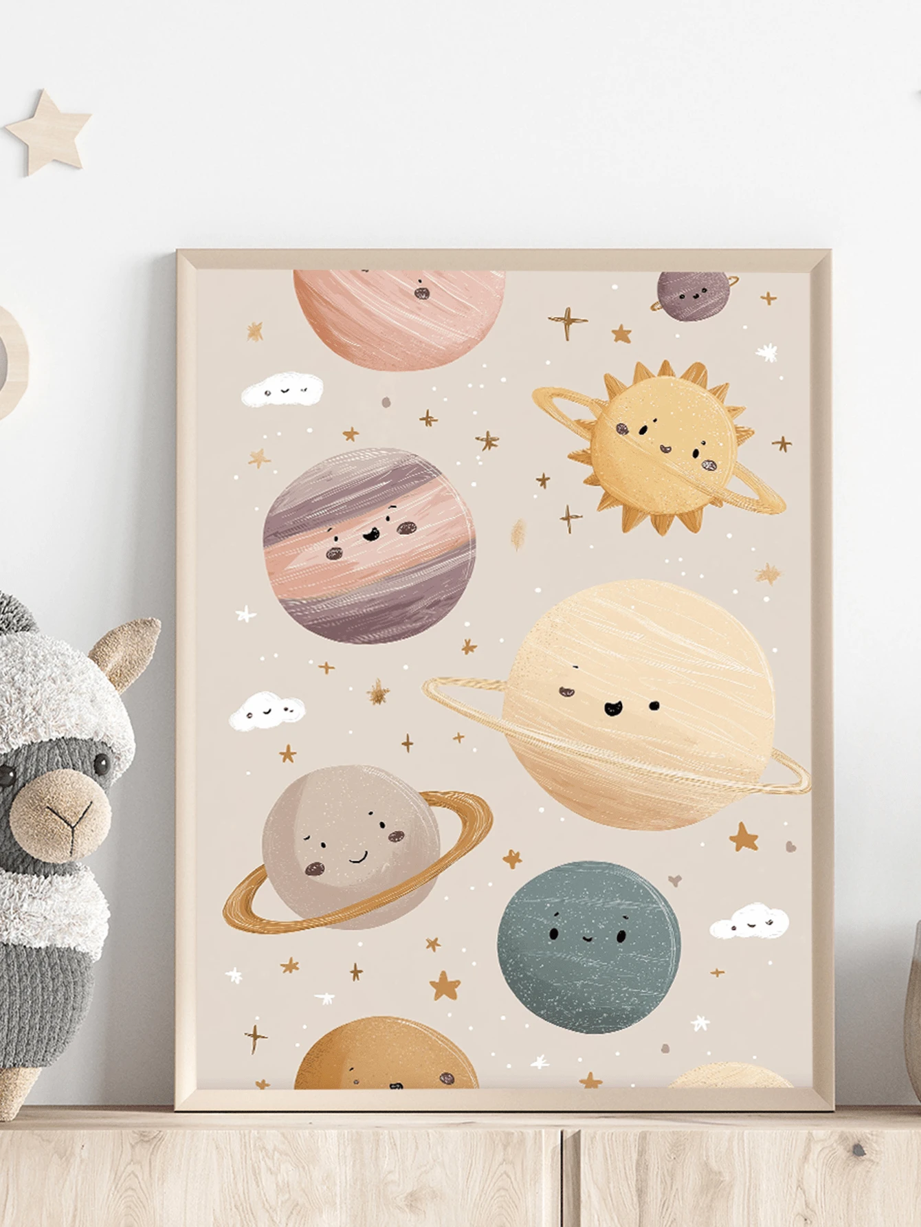 1pc Framed Canvas Wall Art For Baby Nursery, Pastel Solar System ...