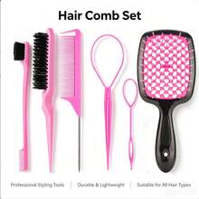 Multi-Function Hair Styling Set, Hollow Massage Comb, Steel Needle Tail Comb, Hair Styling And Braiding Auxiliary Tools - Pink - View 3