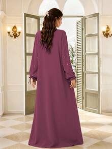 1pc Women's Daily Commute Versatile Abaya Dress With Drawstring Cuffs And Beaded Design, Suitable For Daily Outings And Friends Gatherings - Multicolor - View 4