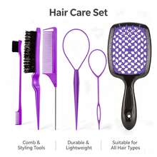 Multifunctional Hair Styling Set, Hollow Massage Comb, Steel Needle Tail Comb, Hair Styling And Braiding Assistant Tools - Purple - View 4