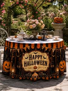 1件黑色桌布，印有Happy Halloween標誌、橘色三角旗與南瓜圖案，秋季派對聚酯纖維荷葉邊桌布，餐廳家庭節日裝飾 - 彩色 - 查看 7