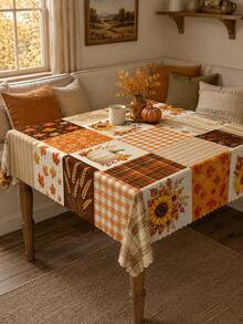 Autumn Pumpkin Sunflower Patchwork Print Tablecloth, Fall Home Decor, Thanksgiving Tablecloth, Rustic Farmhouse Style Tabletop Decoration, Vintage Plaid Leaf Wheat Pattern Tablecloth, Kitchen Dining Room Holiday Party Protective Decorative Table Mat - Multicolor - View 16