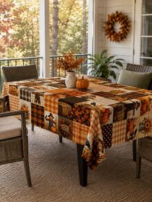 Autumn Pumpkin Scarecrow Patchwork Tablecloth, Halloween Home Decor, Fall Tablecloth Thanksgiving Dining Table Decor, Rustic Farmhouse Decor Country Style Printed Tablecloth, Vintage Plaid Pumpkin Pattern Rectangular Tablecloth, Kitchen Dining Room Tabletop Decoration - Multicolor - View 1