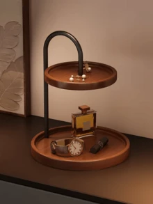 Double-Layer Wooden & Iron Storage Tray, Desktop Decor Display Stand, Suitable For Jewelry, Cosmetics, Keys, Perfume, Bedroom Vanity Countertop Organizer - View 2