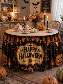 1件黑色桌布，印有Happy Halloween標誌、橘色三角旗與南瓜圖案，秋季派對聚酯纖維荷葉邊桌布，餐廳家庭節日裝飾 - 彩色 - 查看 4