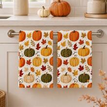 2pcs Off-White Pumpkin & Maple Leaf Pattern Kitchen Towels, Autumn Farmhouse Style Soft Absorbent Fabric Rectangular Colorful Pumpkin & Fallen Leaf Full Print Hand Towels, Suitable For Thanksgiving, Harvest Festival, Autumn Kitchen And Daily Home Decor - Multicolor - View 1