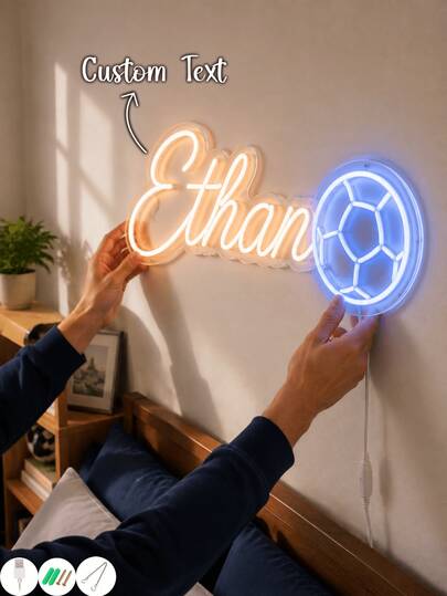 1pc Customized Name Football LED Neon Light, Dual Color USB Acrylic Lamp, Boys Bedroom, Nursery Decor, Birthday Gift, Kids Wall Hanging Decoration