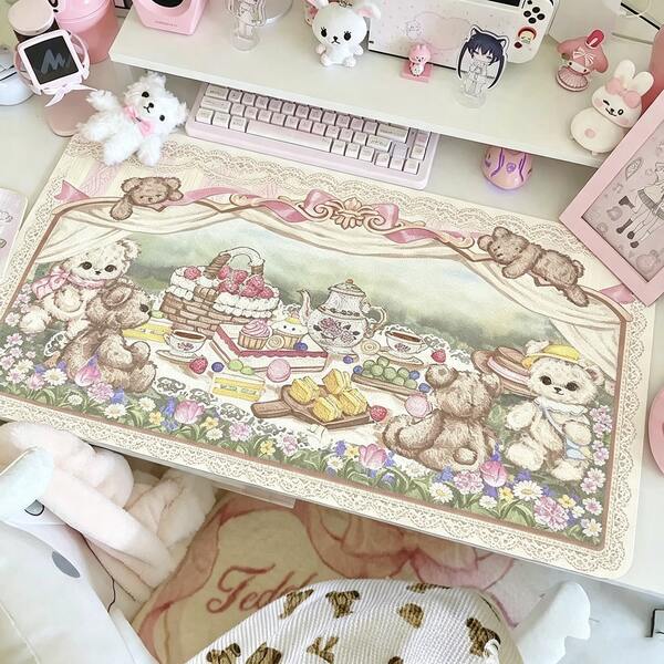Sweet Girl Pink Bow Lacce Tea Time Y2K Kawaii Bear Cake Flower PU Leather Desk Pad Protector Mouse Pad Office Desk Mat Waterproof Non-Slip Desk Blotter Pad Gaming Esports User