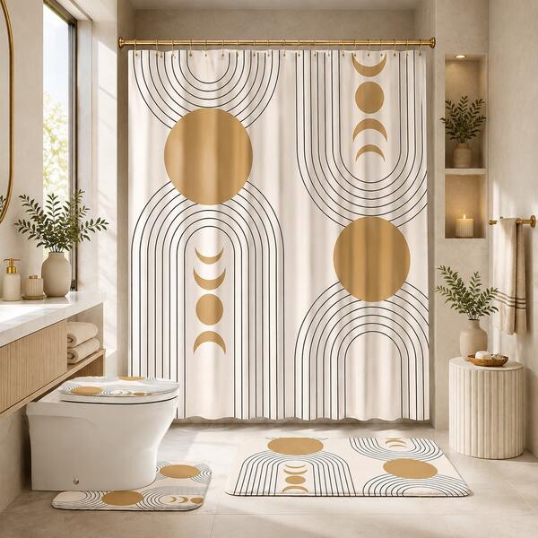 1/4pcs Boho Gold Sun Pattern Bathroom Set - Shower Curtain, Bath Mat, U-Shaped Toilet Lid Cover, Waterproof Shower Curtain, Fashionable Decorative Curtain, Modern Style Bathroom Partition Curtain, No Drill Required, Washable Polyester Back To School Bathroom Decor