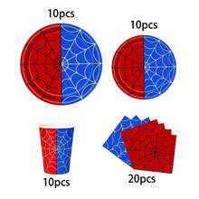 10pcs/20pcs/50pcs/80pcs Halloween Spiderweb-Themed Party Tableware Featuring Red And Blue Spiderweb Patterns; Includes Disposable Paper Plates, Napkins, And Cups Suitable For Halloween And Birthday Party Decorations. - Multicolor - View 7