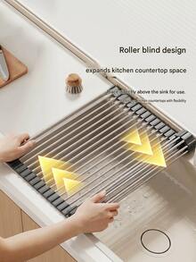 1pc Stainless Steel Expandable Dish Rack, Can Be Placed Over Sink, Black And Gray, With Adjustable Arms, A Fully Functional Kitchen Sink Storage Rack, Suitable For Vegetables And Fruits Kitchen Utensils Set, Can Be Used In Kitchen And Bathroom, A Great Gift For New Year And Christmas - Multicolor - View 4