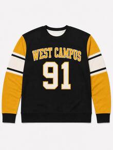 Men's Colorblock Raglan Sleeve Crew Neck Sweatshirt, WEST CAMPUS 91 Number & Letter Print Long Sleeve Collegiate Style Pullover - Multicolor - View 4