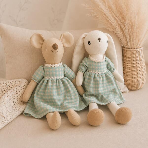 2PCS Cute Handmade Bunny & Mouse Plush Doll Set, Soft Stuffed Animal Toys, Floral Gingham Polka Dot Dress & Pajama, Nursery Decor, Baby Shower Gift