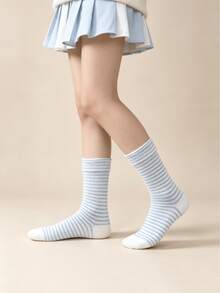 1/6 Pairs Fresh Macaron Color Thin Striped Minimalist Contrast Color Versatile Comfortable Mid-Calf Socks - Multicolor - View 6