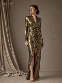Gold Metallic Ruched Maxi Dress Women Long Sleeve Deep V Neck Draped Evening Dress Bodycon Formal Gown - 金色 - 查看 7