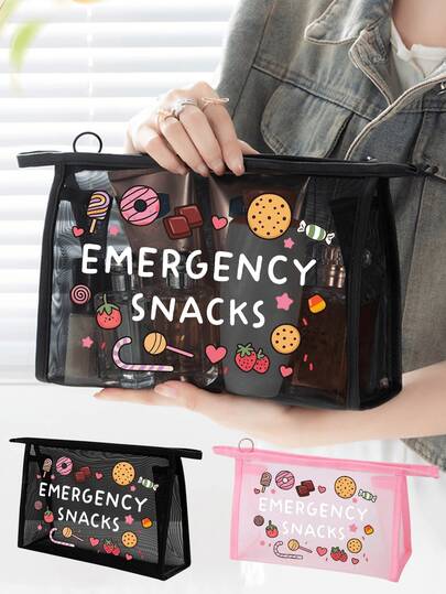 "Emergency Snacks" Letter Print Storage Bag, Multifunctional Makeup Bag, Can Store Hair Clips, Headbands, Etc., Red Cushion Portable Storage Bag, Makeup Bag, Skincare Bag, Travel Essential, Dormitory Supplies, Bathroom Storage, Jewelry Storage, Lip Gloss And Cosmetics Storage Bag, Backpack, Holiday Essential Makeup Bag, Cosmetics Storage, Wedding Bride Gift, Mother's Day Gift, Birthday Gift, Gift For Friends And Teachers