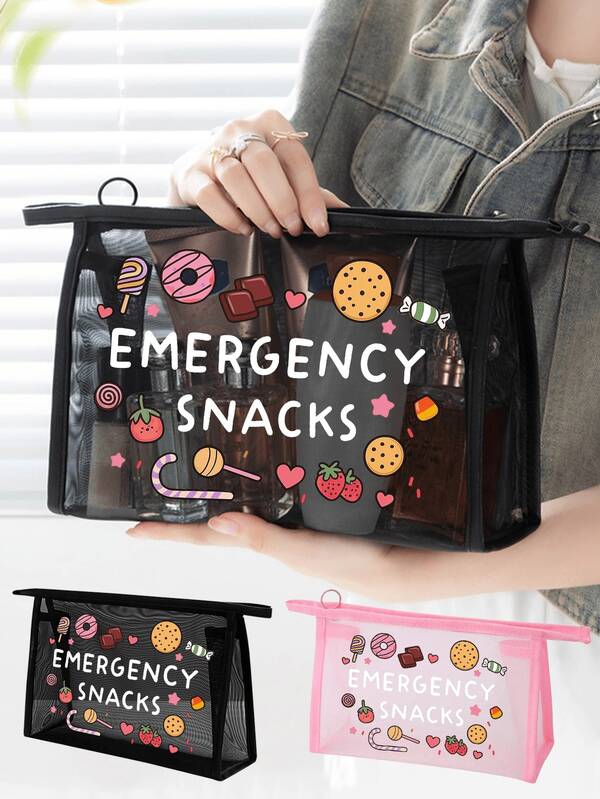 "Emergency Snacks" Letter Print Storage Bag, Multifunctional Makeup Bag, Can Store Hair Clips, Headbands, Etc., Red Cushion Portable Storage Bag, Makeup Bag, Skincare Bag, Travel Essential, Dormitory Supplies, Bathroom Storage, Jewelry Storage, Lip Gloss And Cosmetics Storage Bag, Backpack, Holiday Essential Makeup Bag, Cosmetics Storage, Wedding Bride Gift, Mother's Day Gift, Birthday Gift, Gift For Friends And Teachers