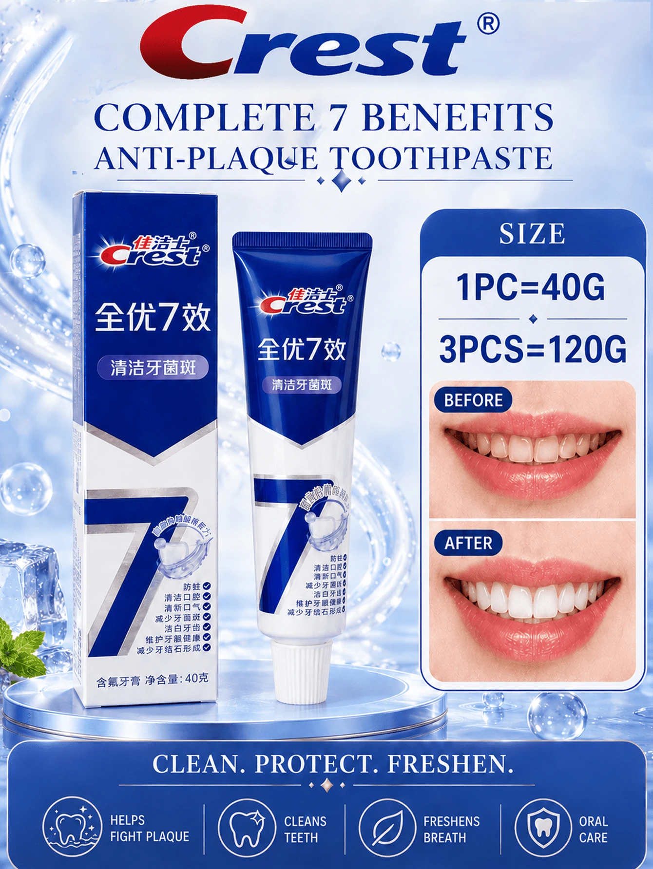 CREST Colgate Total 7 Plaque Protection Toothpaste, 40g Single Pack, 120g 3-Pack, Anti-Cavity, Fresh Breath, Reduces Plaque, Maintains Gum Health, Suitable For All
