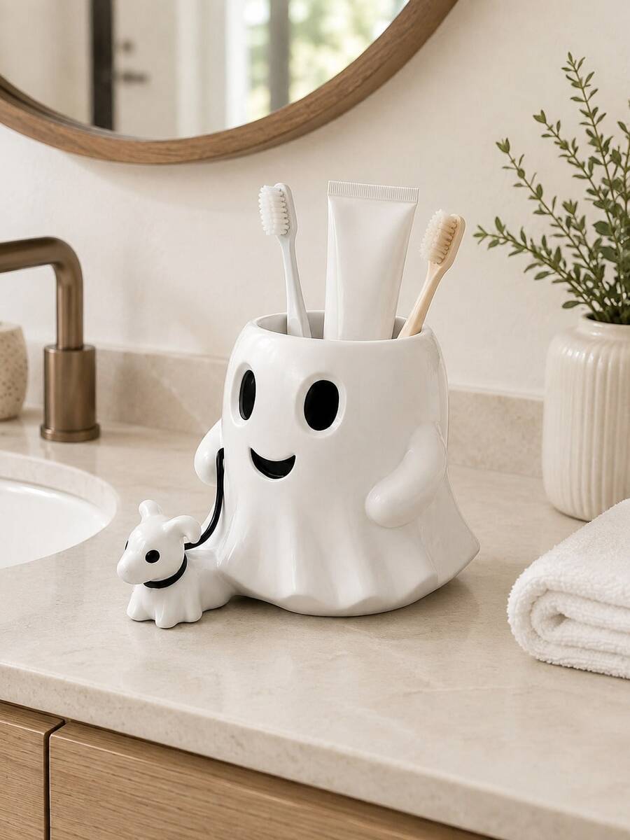 Cute Ghost Toothbrush Holder, Single Bathroom Organizer Cup With Mini Mouse Detail, Countertop Storage For Toothbrushes, Toothpaste, Razors And Dental Care Essentials - Multicolor - View 1