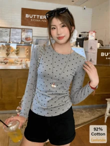 Women's Round Neck Polka Dot Casual Versatile Daily Commute Long Sleeve T-Shirt Vacation - Gray and Black Polka Dots - View 1