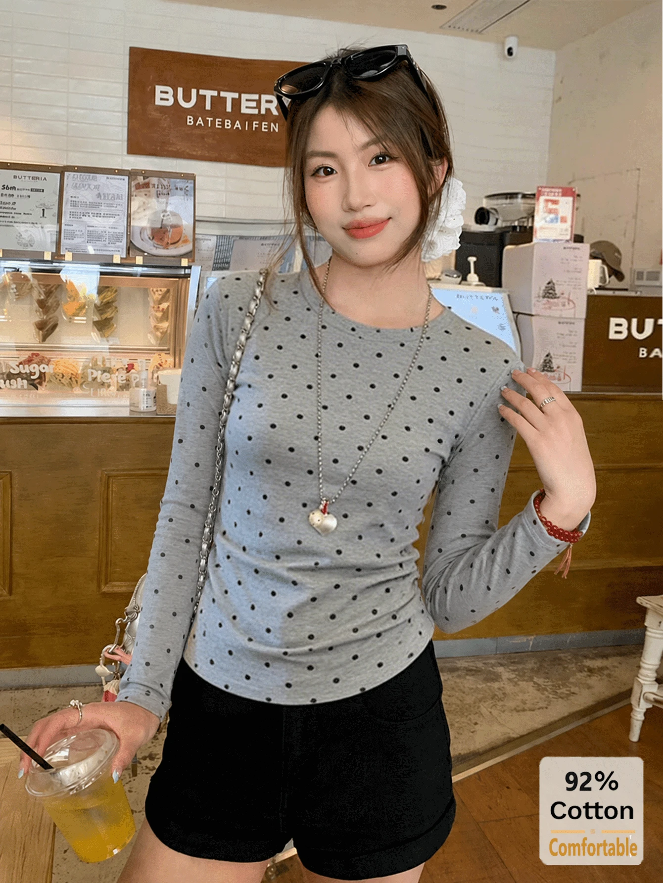 Women's Round Neck Polka Dot Casual Versatile Daily Commute Long Sleeve T-Shirt Vacation - Gray and Black Polka Dots - View 1