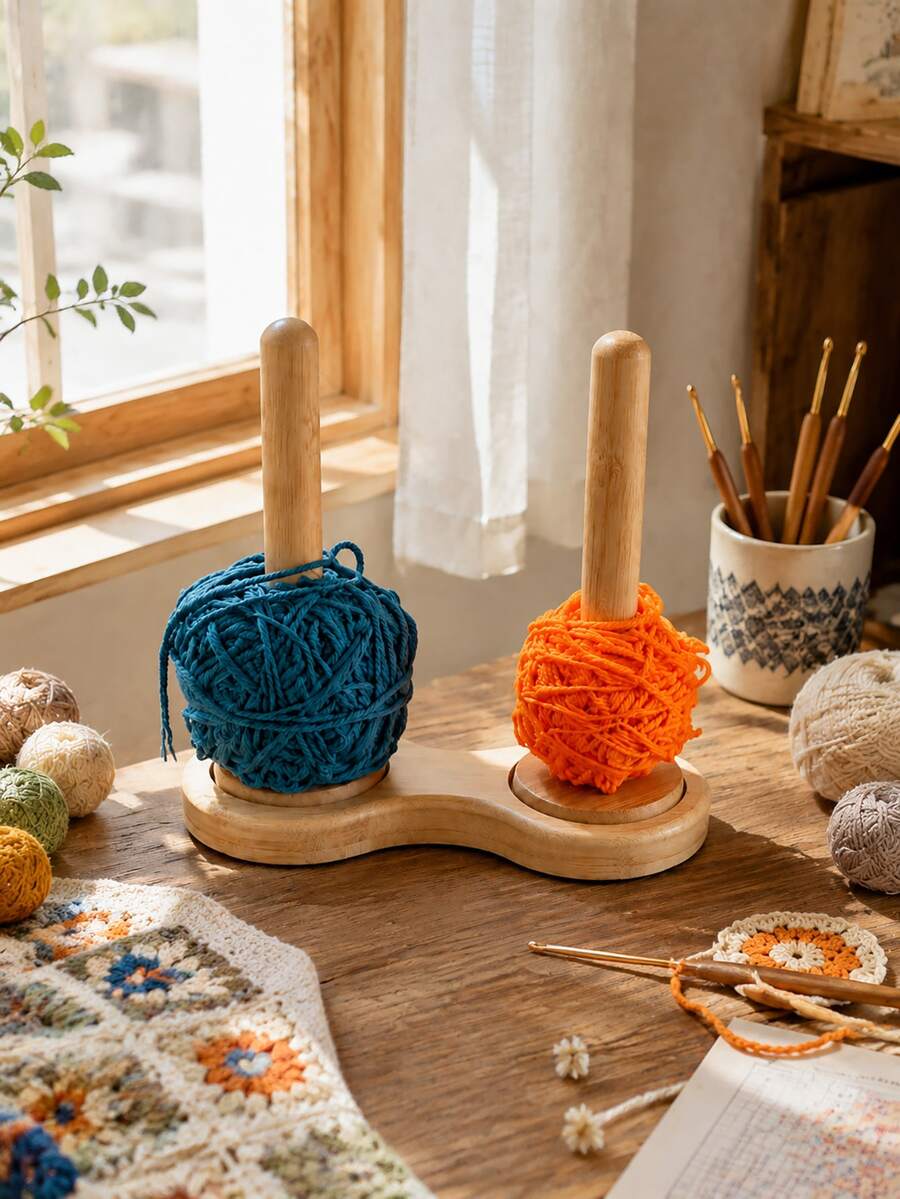 1pc Wooden Double Axis Yarn Rack, Japanese Minimalist Style Yarn Roll Storage Rack, Desktop Yarn Roll Storage Table, Anti Winding Rotating Yarn Ball Rack, Suitable For Weaving Enthusiasts, DIY Weaving, Embroidery, Crochet, And Handmade Crafts - A - View 1
