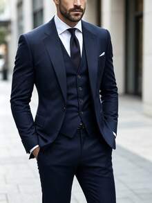 Men's Long Sleeve Solid Color Suit Set, Jacket, Button-Front Top With Pants, Navy Blue 3-Piece Suit - Navy Blue - View 4