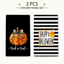 萬聖節廚房抹布套組 (2件裝)，黑色「Trick Or Treat」南瓜條紋餐巾布，乾式洗碗布，農舍風居家裝飾 - 彩色 - 查看 13