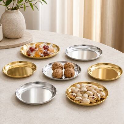 3/6 pièces Ensemble de plateaux de service ronds en acier inoxydable doré et argenté, petites assiettes à collation en métal, plateaux décoratifs pour bijoux, parfums et bougies pour table basse, salle de bain, cuisine, fête et décoration de la maison