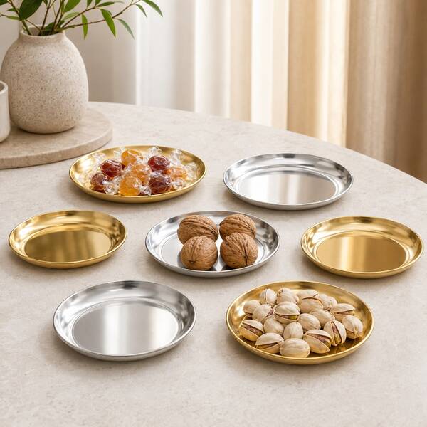 3/6pcs Gold & Silver Round Stainless Steel Serving Tray Set, Small Metal Snack Plates, Decorative Jewelry, Perfume & Candle Display Trays For Coffee Table, Bathroom, Kitchen, Party & Home Decor