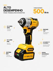 Chave de Impacto Sem Fio 88V Motor Sem Escovas 500N.m Alta Potência 13000mAh 2 Baterias de Lítio Encaixe 1/2" Kit com Maleta Ferramenta Elétrica para Reparo Automotivo Oficina e Reparos Domésticos - Amarelo - Visão 3