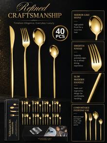 40pcs Stainless Steel Cutlery Set, Gold Knife & Fork, Mirror Dessert Fork, Colorful Cake & Fruit Spoon, Small Coffee Spoon, Kitchen Dining Utensils - Multicolor - View 9