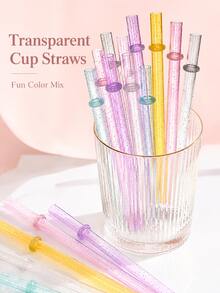 15pcs Reusable Glitter Transparent Drinking Straws With Stopper Rings, Multi-Color Shiny Beverage Straws, Home Cafe Picnic Birthday Holiday Party Drink Accessories - View 1