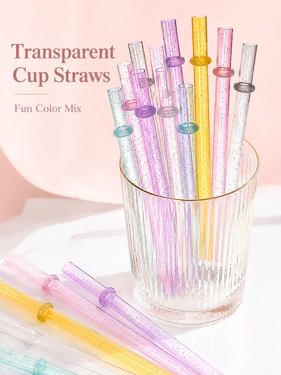 15pcs Reusable Glitter Transparent Drinking Straws With Stopper Rings, Multi-Color Shiny Beverage Straws, Home Cafe Picnic Birthday Holiday Party Drink Accessories - View 1
