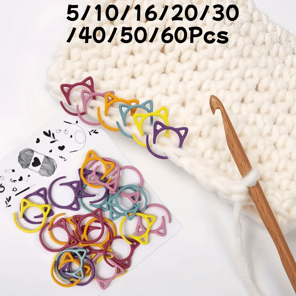 5/10/16/20/30/40/50/60Pcs Colorful Open Cat Ear Rotating Stitch Markers, Wider Open Cat Ear Themed Stitch Markers, Practical Knitting Tools, Gift For Knitters, Random Colors.