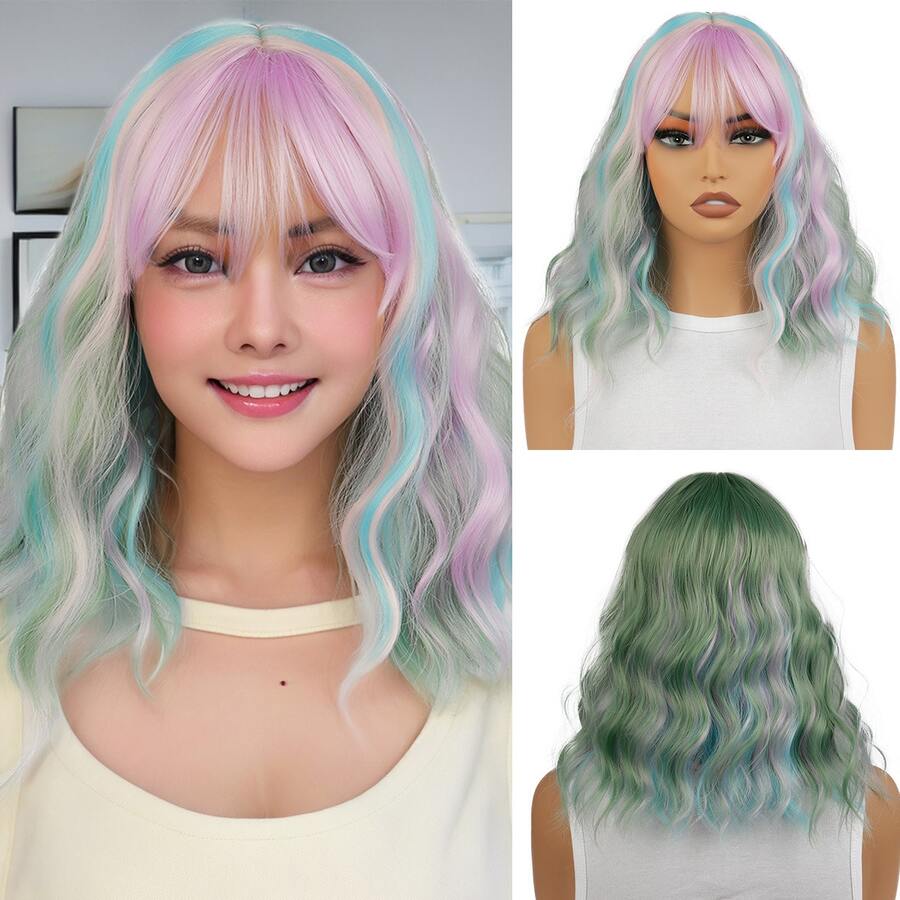 New Colorful Cosplay Wig For Women With Straight Bangs And Short Curly Hair Full Head | Heat-Resistant Material Wig | Suitable For: Daily Commute, Outdoor Travel, Party Gathering, Holiday Celebration, Film & TV Cosplay, Romantic Date