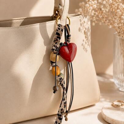 1pc Vintage Maillard Brown Leopard Print Braided Rope Red Heart Keychain Handmade Beaded Bag Charm