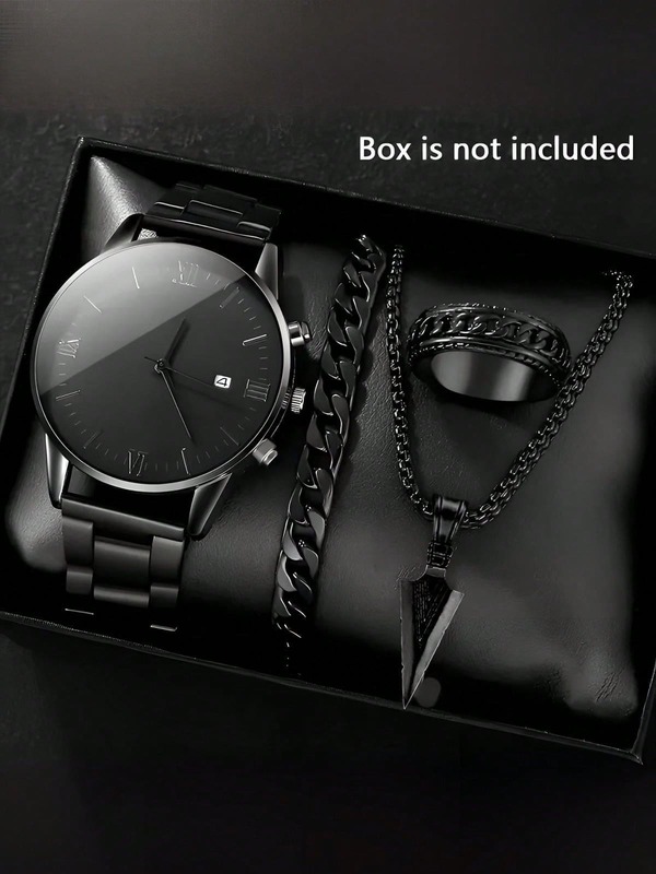 4pcs Men's Quartz Watch Bracelet Necklace Ring Jewelry Set, Business Casual Minimalist Dial With Single Date Calendar, Suitable For Daily Wear, Decoration Or Father's Day, Thanksgiving And Various Holiday Gifts