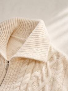 Winter White Cable Knit Zip-Up Cardigan Jacket With Turn-Down Collar And Long Sleeves, Suitable For Christmas And Daily Wear Vacation - White - View 6