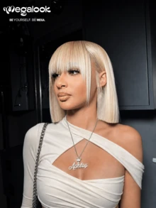 MEGALOOK Silky Straight Short Wig With Bangs 613 Blonde Color 100% Human Hair Wigs Machine-Made Short Bob Wig Glueless Virgin Human Hair Bangs Wig Natural Looking Daily Use - S613 - View 2