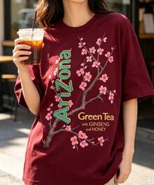 100% Cotton Women's T-Shirt - Men'S Tee Featuring Arizona Green Tea Design - 2026 Everyday Apparel - Summer Tops - New Summer Outfits For Women - 酒紅色 - 查看 2